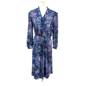 Vintage Made in USA Floral Midi Dress Size 16 Blue Purple Button Front Painterly